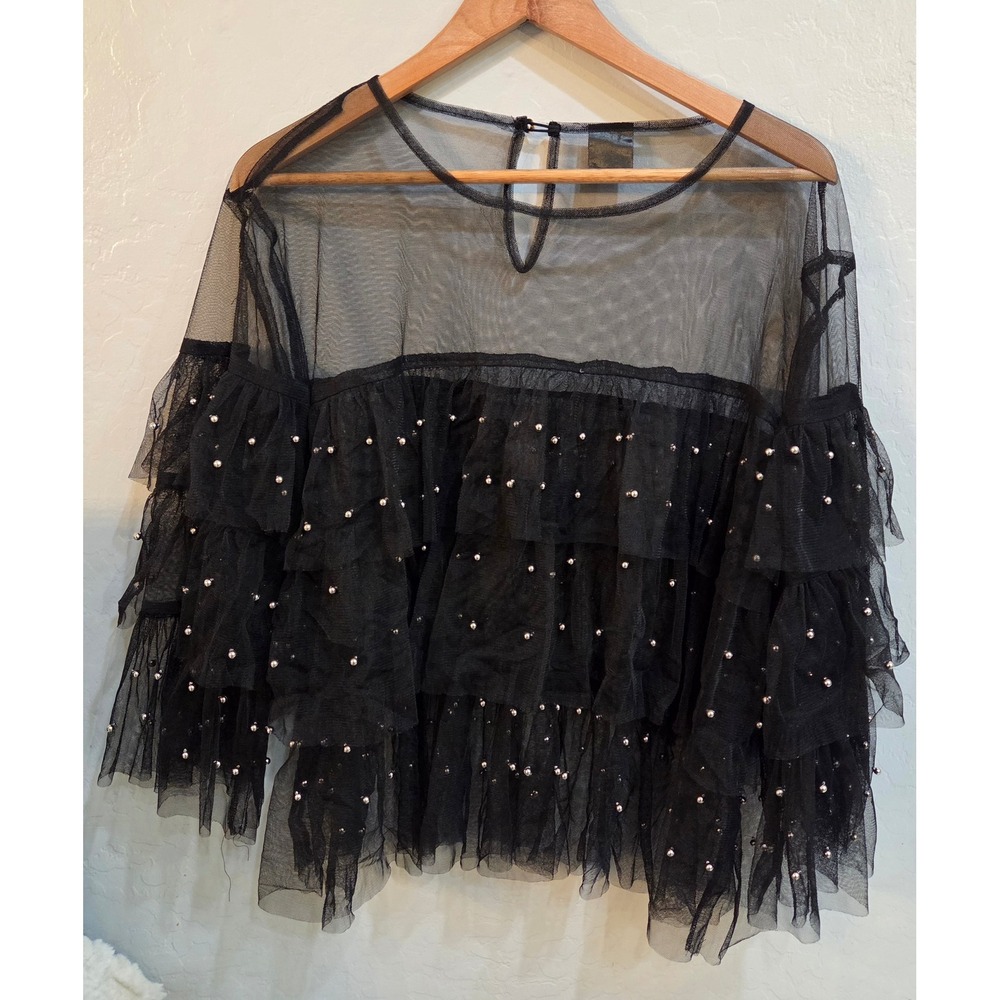 Vintage Sheer Black Mesh Ruffle Pearl Top Tiered Tulle Blouse L/XL